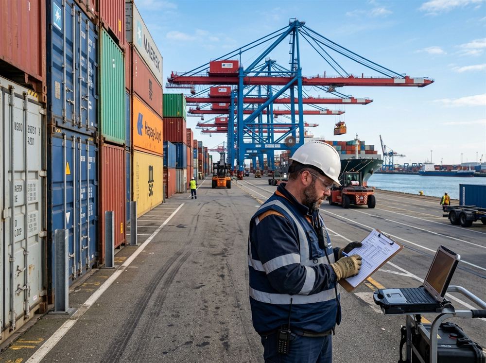Commercial shipping container terminal with customs inspector and gantry cranes