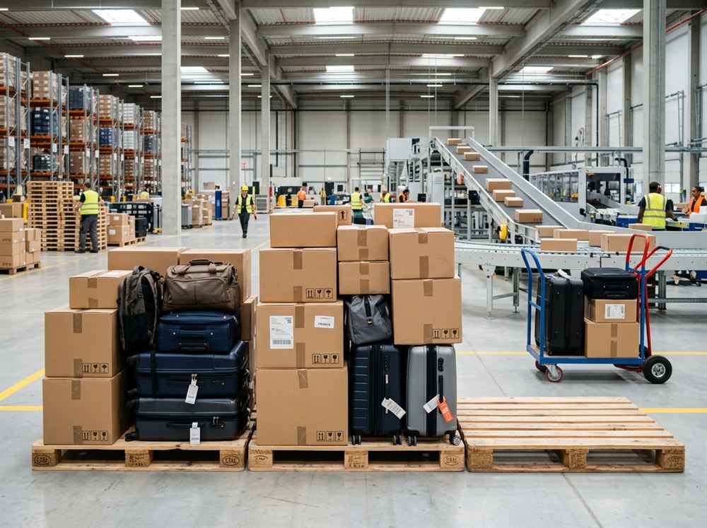 Organized cargo warehouse with travel luggage and parcel cartons on wooden pallets