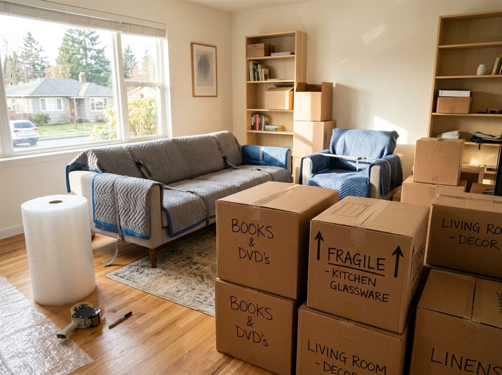 Neatly packed apartment living room with labeled moving boxes and quilted sofa protection